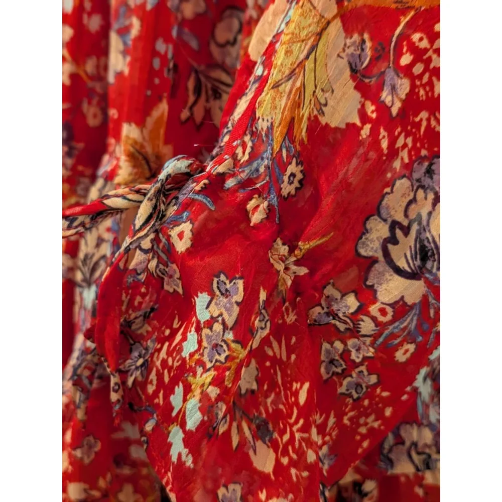 Women's Free People M Red Floral Long Sleeve Ruffle Mini Dress - Picture 4 of 12